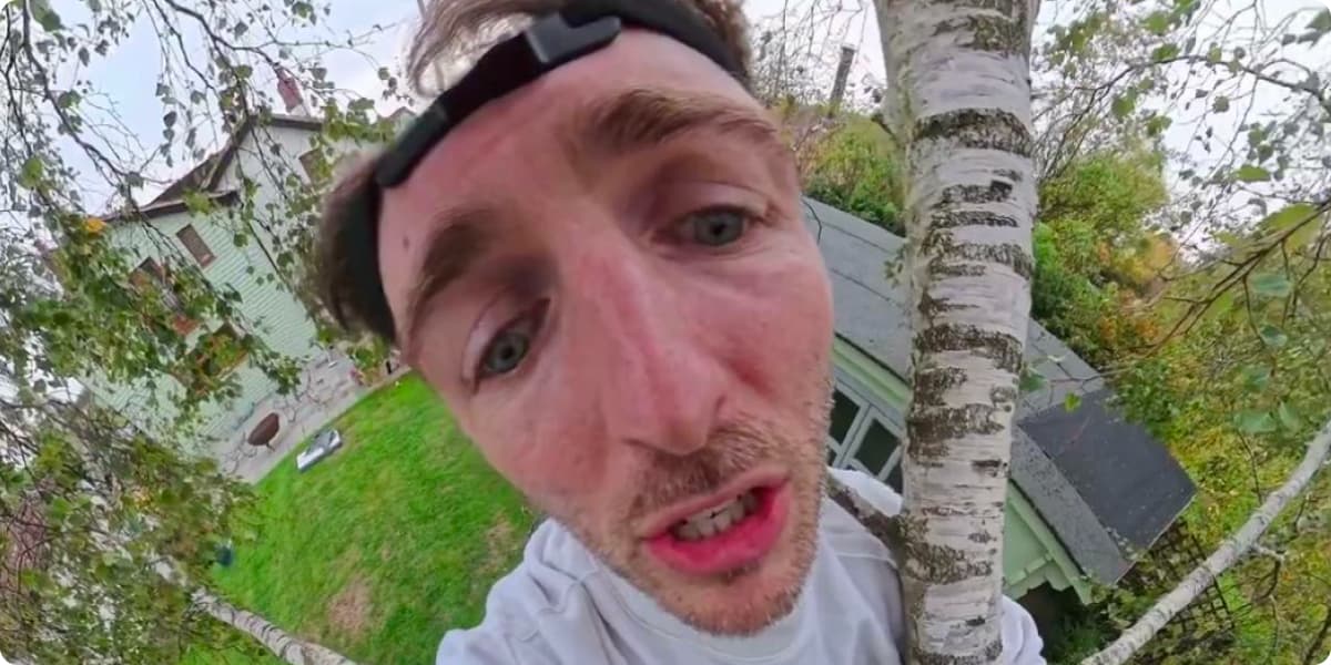 Rob filmed through a head-mounted fisheye 360 camera, peering past a birch tree in his garden