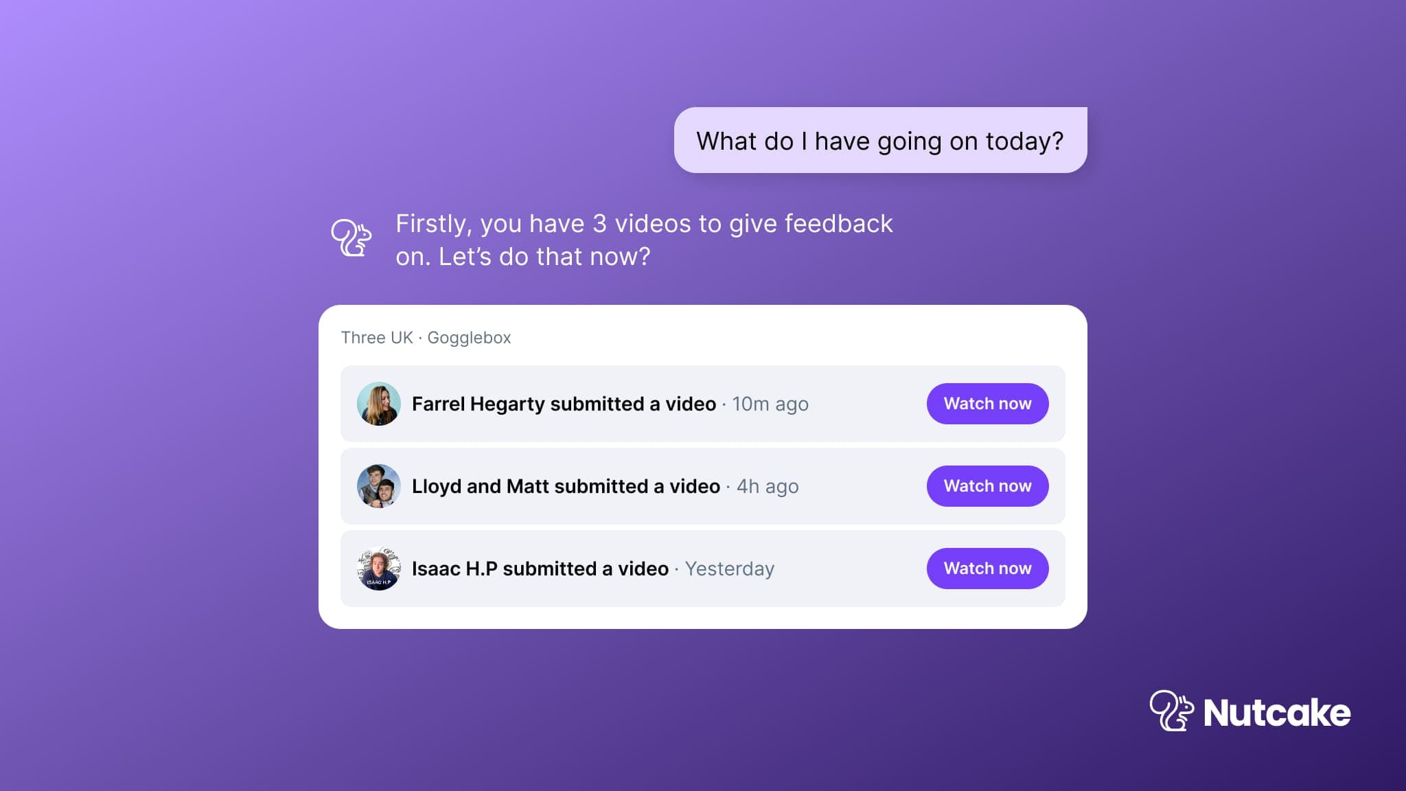 Nutcake's account manager agent showing a live activity feed of campaign updates