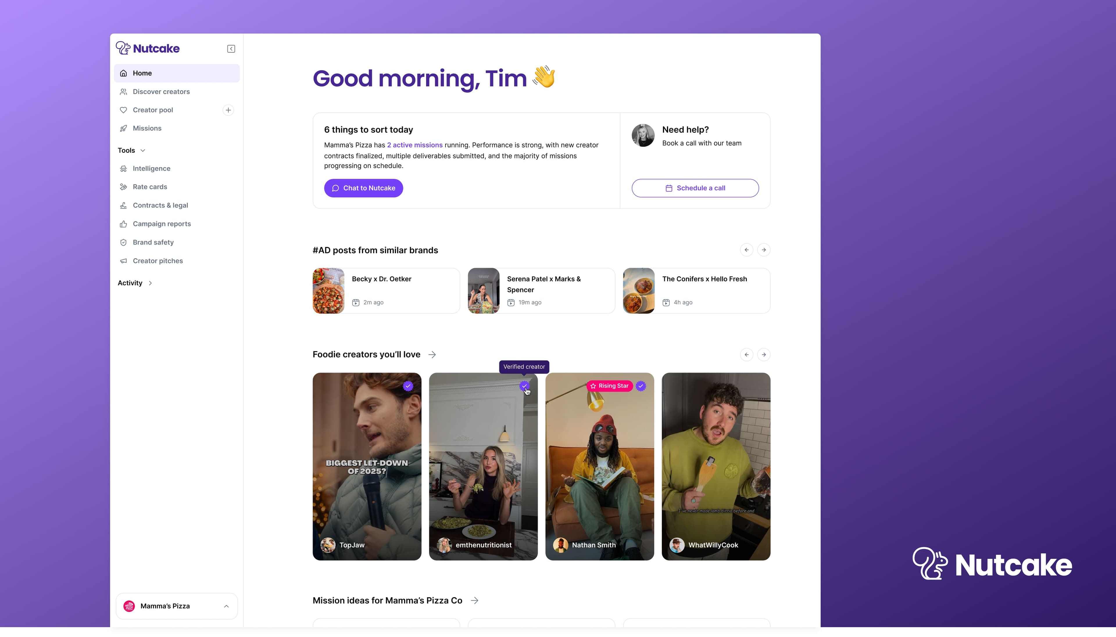 Brand dashboard for discovering creators, managing campaigns and reviewing insights