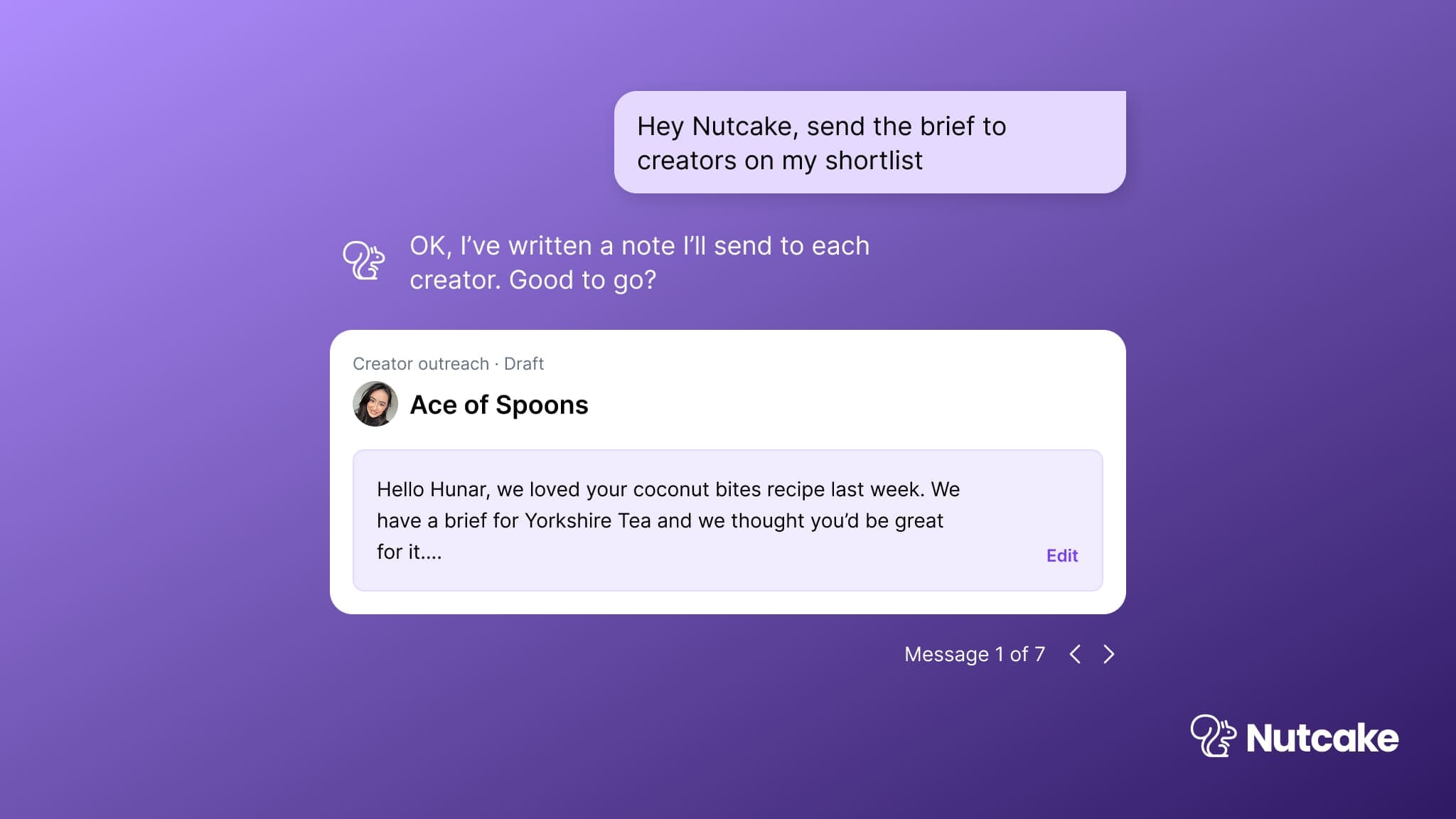 Nutcake's outreach agent sending messages to creators on WhatsApp at scale