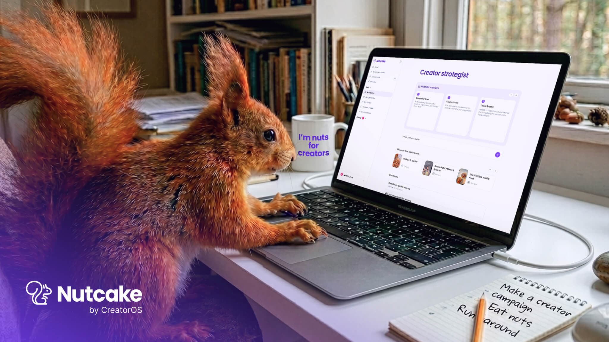 A squirrel using the Nutcake creator marketing platform on a laptop
